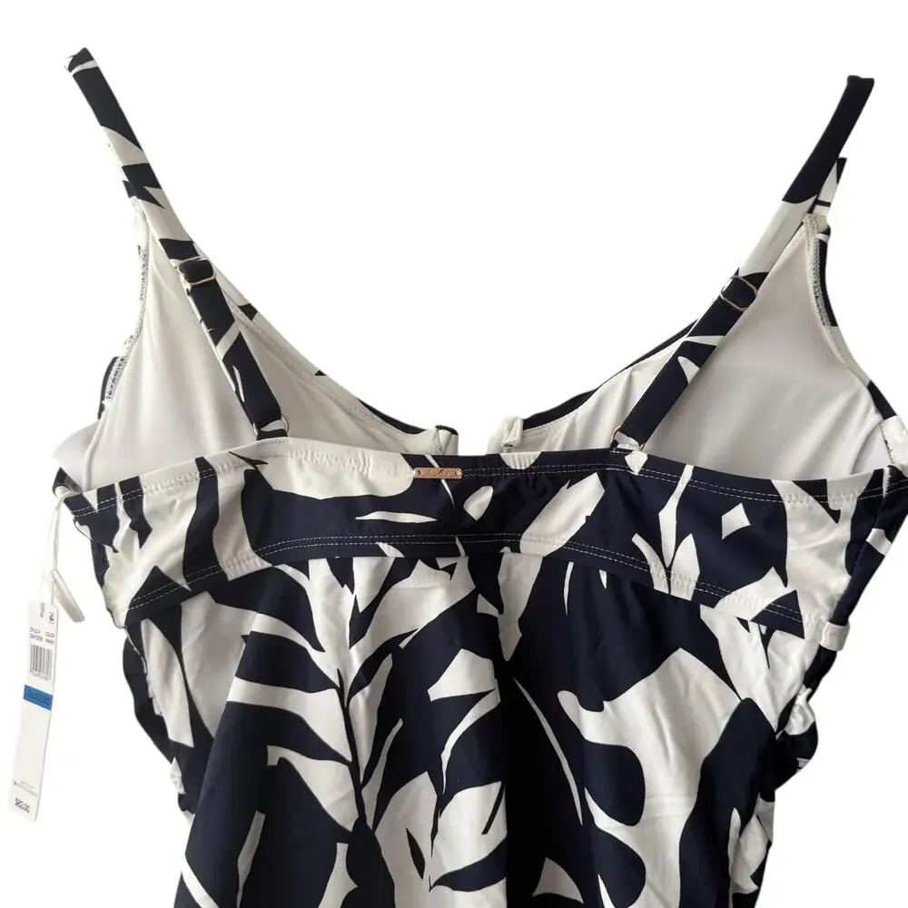 Anne Cole V-Wire Navy White Tropical Palm Print Tankini Swim Top 36DD/38D